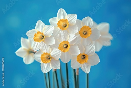 Close-up of a bouquet of white daffodil flowers with yellow centers against a bright blue background evoking freshness and springtime