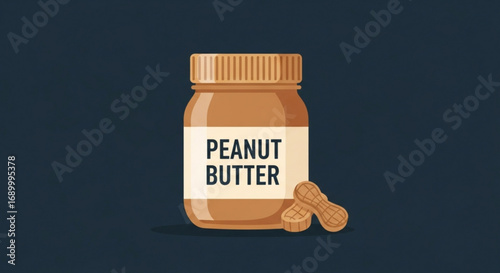 A jar of peanut butter with peanuts next to it, a delicious and healthy snack, perfect for sandwiches, snacks, and desserts, vector illustration