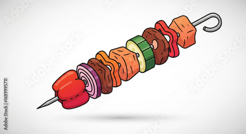 Illustration of a delicious shish kebab, a popular grilled dish consisting of skewered meat and vegetables