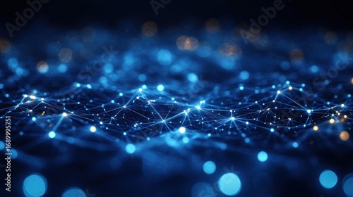 Abstract digital network with interconnected glowing nodes and lines creating a sense of complex data flow and futuristic connection in dark blue tones