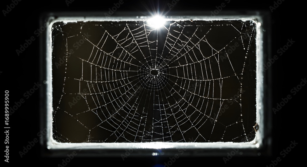 Naklejka premium An intricate spiderweb, shimmering with dew, brilliantly illuminated from above within a dark, rectangular opening.