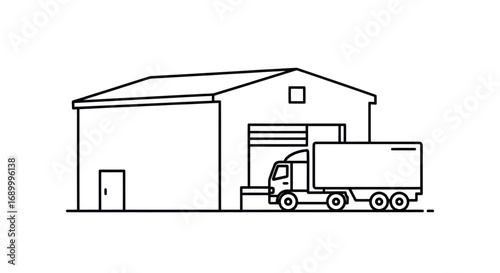 Simple line art illustration of a semi-truck parked at a warehouse loading dock for shipping and delivery.
