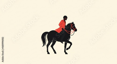 A striking silhouette of a horse and rider in red and black against a cream background, evoking a sense of classic elegance