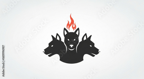 Threeheaded dog with fire on head is a symbol of hell, underworld, and mythology in a minimalist style design