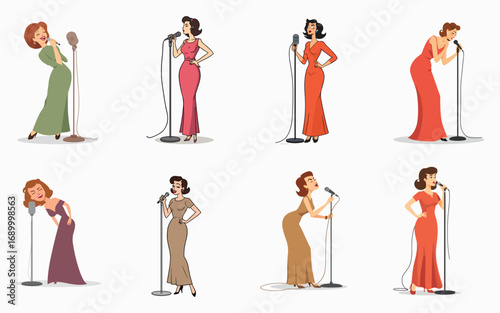 Elegant women wearing glamorous evening dress and posing retro style bundle