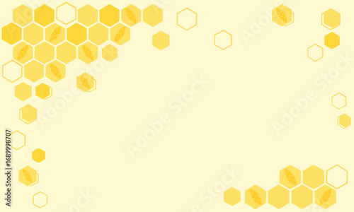 Beehive honey sign with hexagon grid cells and hexagon sign with leaves in it on yellow background vector.
