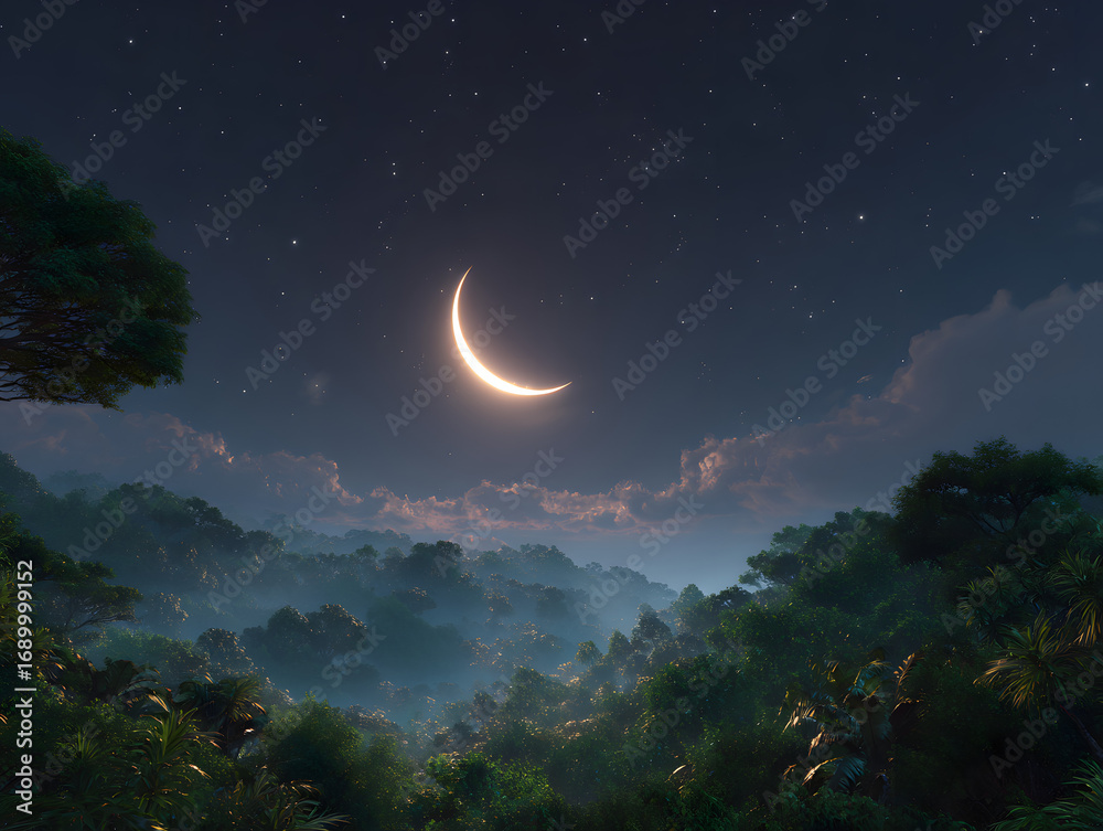 Naklejka premium Crescent Moon over Forest Night Landscape