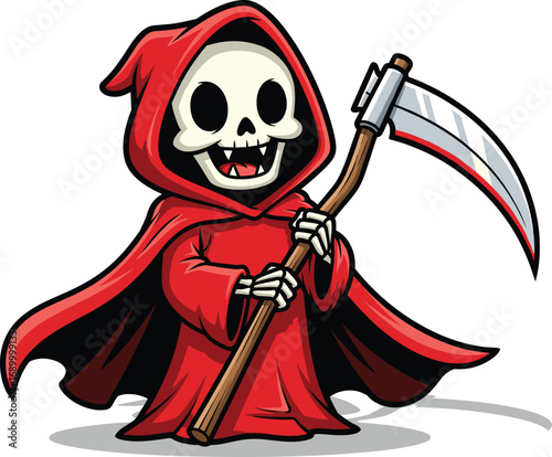 Cute cartoon Grim Reaper character with red cloak and scythe, funny Halloween mascot, spooky skull illustration, vector art for horror, fantasy, and holiday design