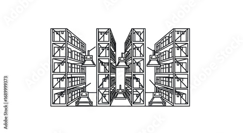 Warehouse Shelving System with Lighting Fixtures, Industrial Storage Racks, and Central Aisle.