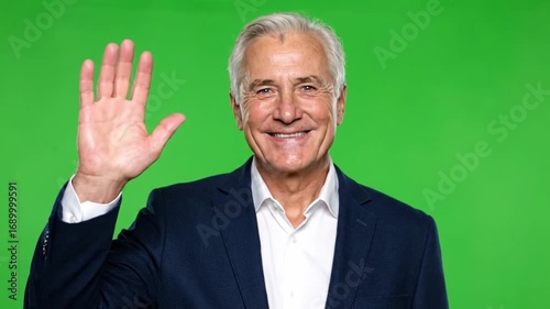 Happy Senior Businessman Waving Hello on a Green Screen Background
