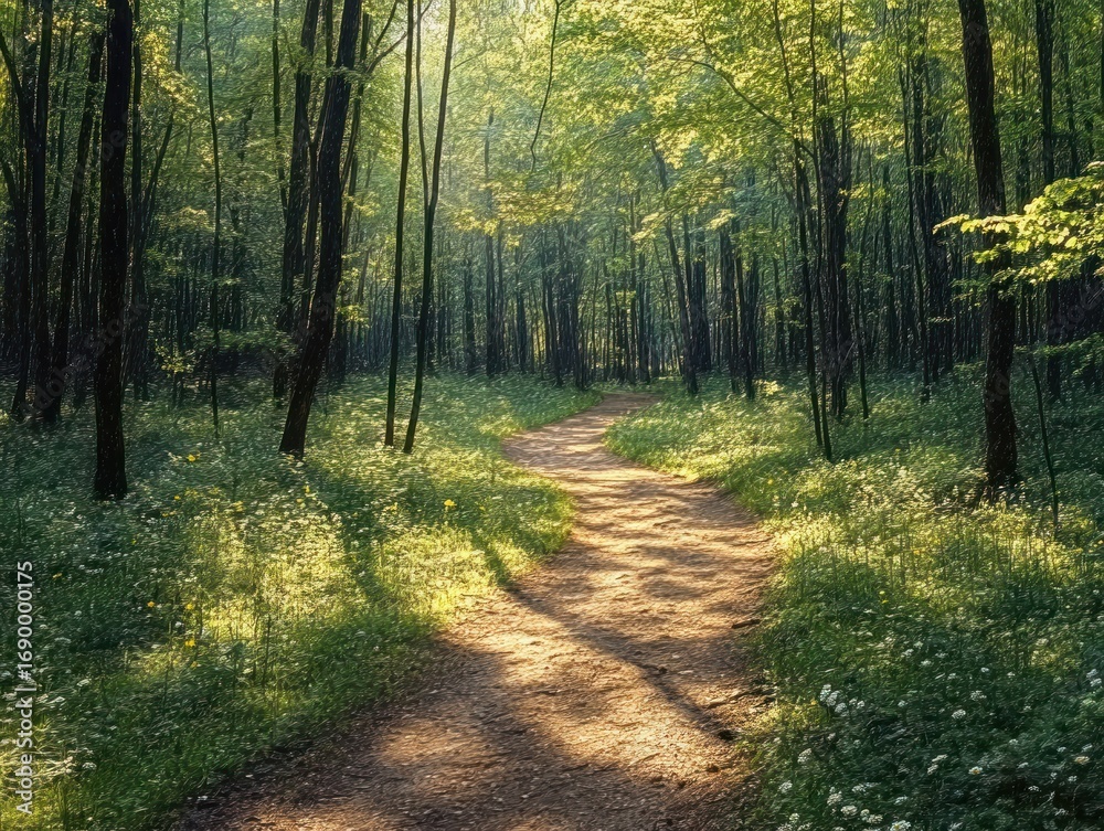 Obraz premium Sunlit forest with a winding dirt path surrounded by tall trees and lush green undergrowth on a clear day