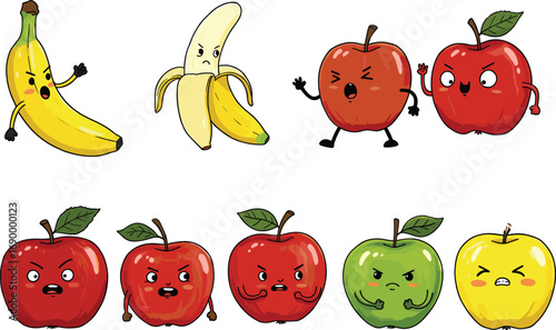 Angry cartoon apples and bananas arguing, funny fruit character expressions, cute food fight illustration, vector healthy food art, comic fruit