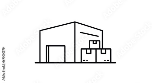 Line art icon of a warehouse building with stacked boxes.