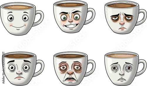 Funny coffee cup faces with different emotions, caffeine addiction concept, cartoon mug expressions, morning mood illustration, humorous vector art