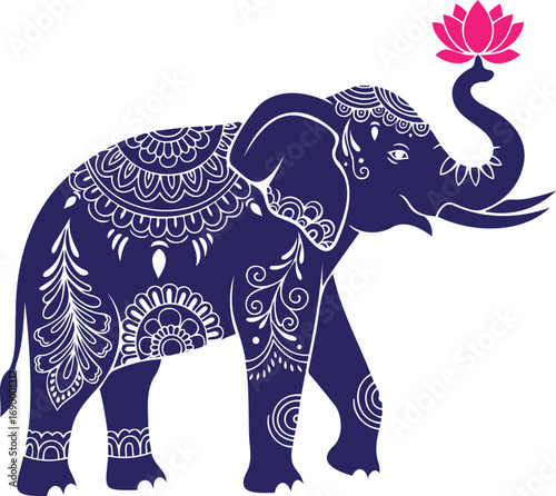 Artistic Elephant with Lotus: A beautifully illustrated elephant, adorned with intricate patterns, gracefully holds a vibrant pink lotus flower, symbolizing purity and enlightenment.