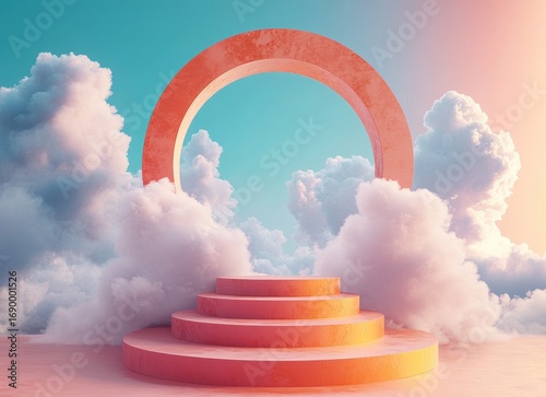 Circular orange arch on layered pedestal surrounded by soft pink and white clouds against a bright blue sky with warm sunlight