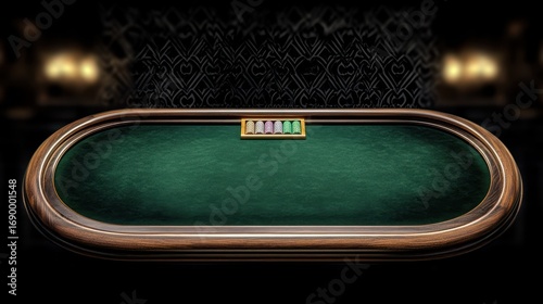 empty oval poker table with green felt and wooden frame under dim lighting in an elegant room