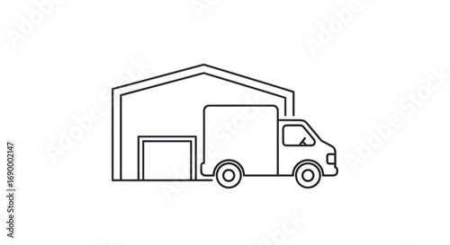 Simple Line Art of Delivery Truck and Warehouse.