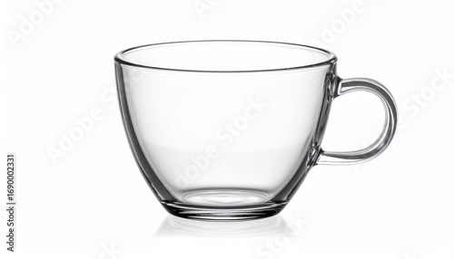 A crystal-clear glass cup on a white background, shot in macro from a low angle.