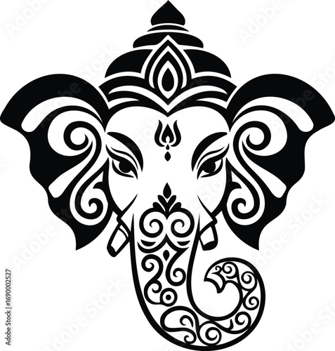 Ganesha's Divine Silhouette: A striking black and white depiction of the Hindu deity, Ganesha, showcasing intricate artistic detailing and representing wisdom and prosperity.