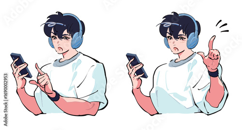 ヘッドフォンで音楽を聴きながらスマホを見ている男性 こちらを見て微笑んでいるアイコンイラストセット 何かを見つけ、指を立てているアイコンイラストセット