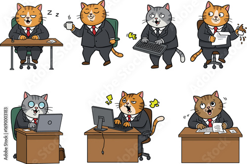 Funny office cats in suits working, drinking coffee, sleeping, typing, making mistakes, business humor, cartoon animal business illustration