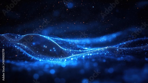 Abstract glowing blue wave-like particles forming a dynamic flowing surface with bright dots on a dark background evoking a sense of depth and motion