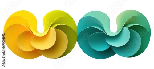 Two abstract intertwined shapes with smooth gradients in yellow to green and teal to blue tones creating a flowing and harmonious design