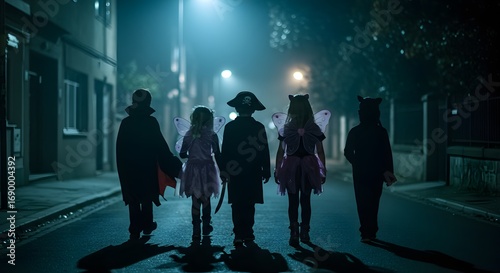 Silhouetted children in Halloween costumes trick-or-treating on a dimly lit street at night.