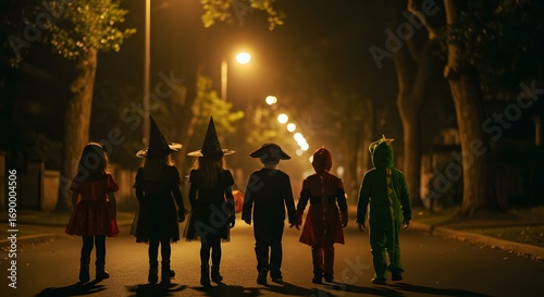 Silhouetted children in Halloween costumes trick-or-treating down a dimly lit street at night.