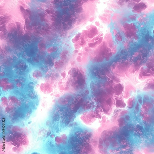 Abstract glowing texture with dynamic swirling patterns in pastel pink, blue, and white colors creating a vibrant and ethereal atmosphere