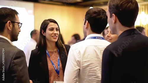 Young Professional Woman Engaging in Conversation at Networking Event with Smiling Expression and Body Language