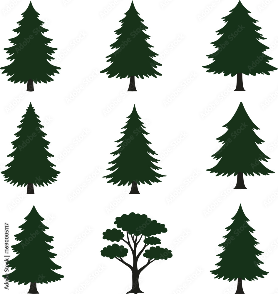 Obraz premium Green Pine Tree Icons Set, Nine Conifer Silhouettes