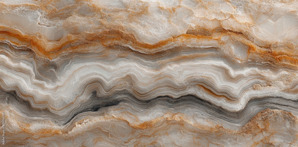 Obraz premium Close-up view of natural stone surface with intricate layered patterns in shades of brown, beige, gray, and white showing textured and wavy mineral formations