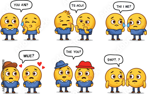 Funny emoji characters having awkward conversations, jumbled speech bubbles, shy reactions, confused expressions, emotional cartoon dialogue scenes