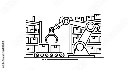 Automated Warehouse Robotic Arm System Line Art Illustration.