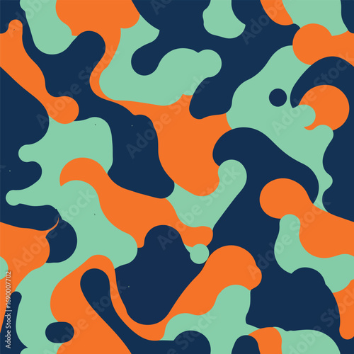 Abstract camouflage pattern with fluid shapes in blue orange and green colors, seamless pattern, royalty stock.