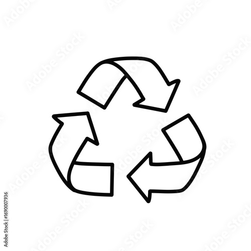 Black and white line drawing of a recycling symbol with three arrows forming a triangle.