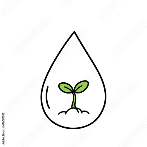 A simple drawing of a water droplet containing a sprouting plant, symbolizing growth.