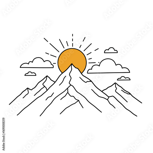 Sunrise over minimalist line art mountain range.