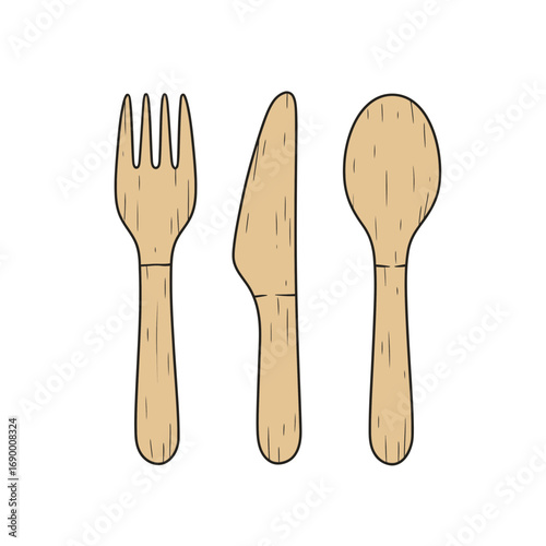Simple illustration of wooden fork, knife, and spoon.
