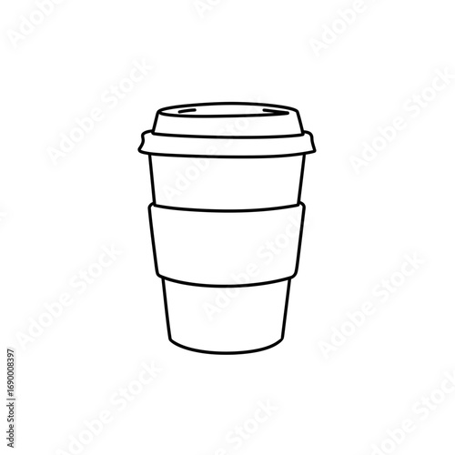 Simple black and white illustration of a takeaway coffee cup with a lid.