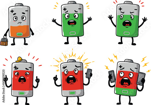 Cartoon battery characters with different charge levels, emotional expressions, low and full battery, funny illustrations for energy and tech humor
