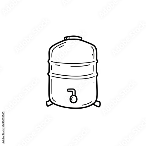 A simple line drawing of a large, cylindrical water tank with a spigot, standing on small legs.