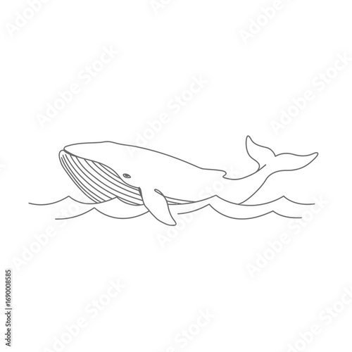 A line drawing of a whale gracefully swimming in ocean waves.