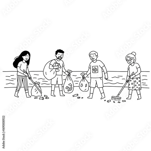 Volunteers collecting trash from a beach, working together to clean up the environment.