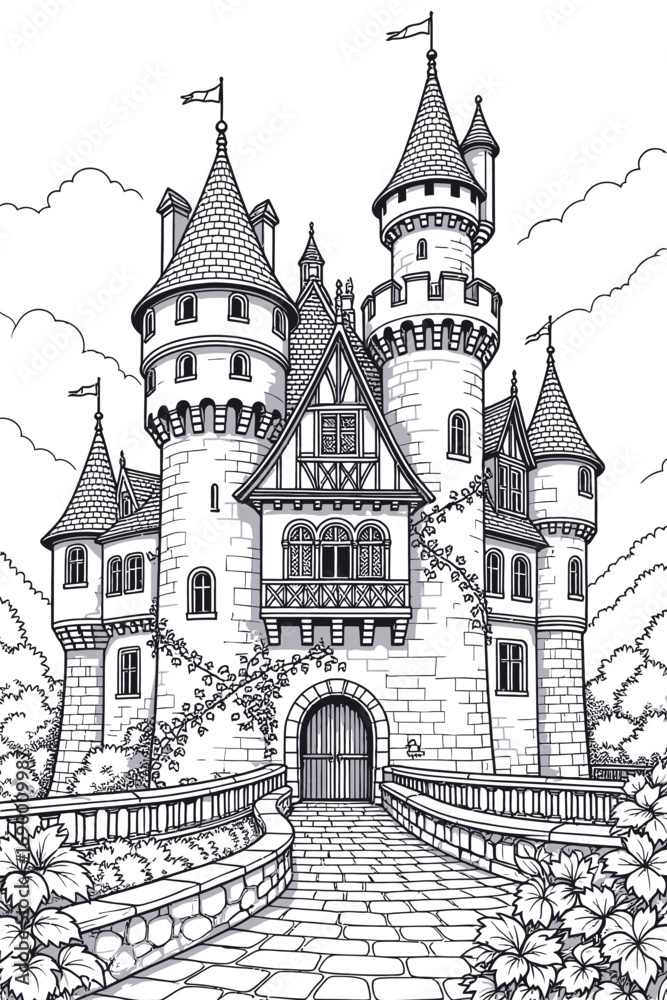 Fototapeta premium Black and white medieval castle illustration