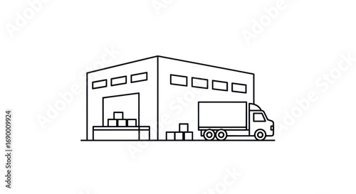 Simple Line Drawing of a Warehouse and Truck Loading.