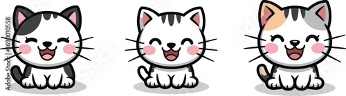 Three cheerful cartoon kittens with varied fur colors and happy expressions cute