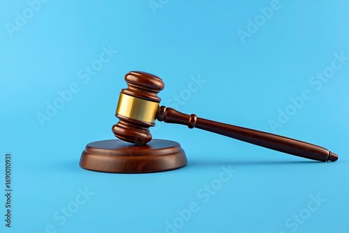 Wooden gavel on stand against blue background symbolizing justice, law, and authority. Represents courtroom decisions, legal trials, enforcement, and auction concepts. Ideal for legal, business.